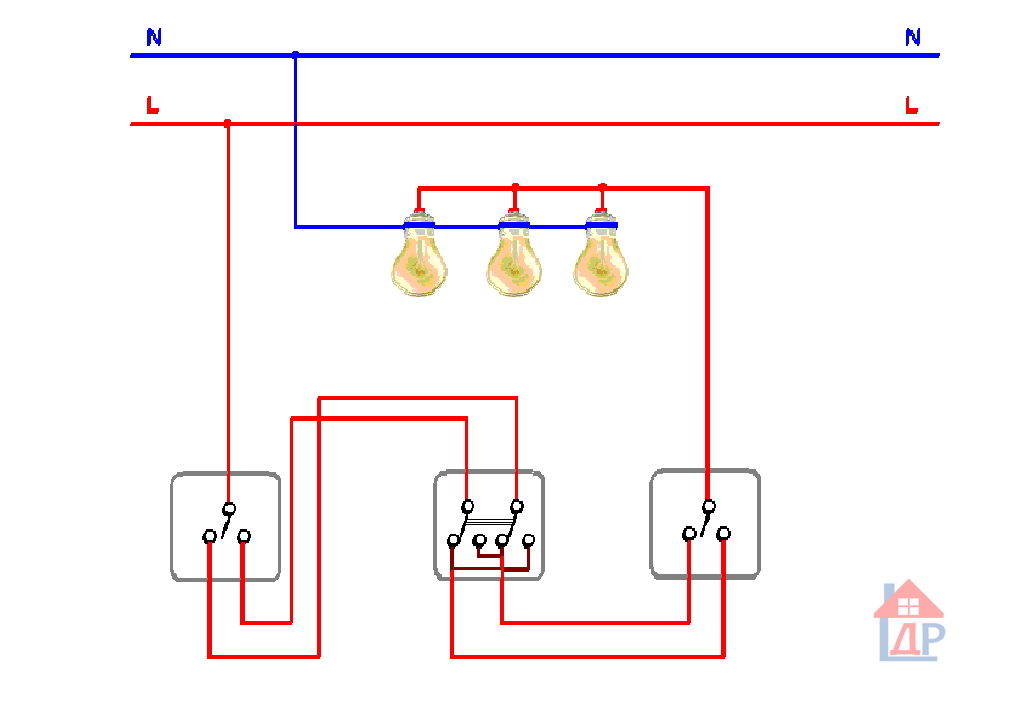 Какова схема подключения проходного выключателя с 2х мест?