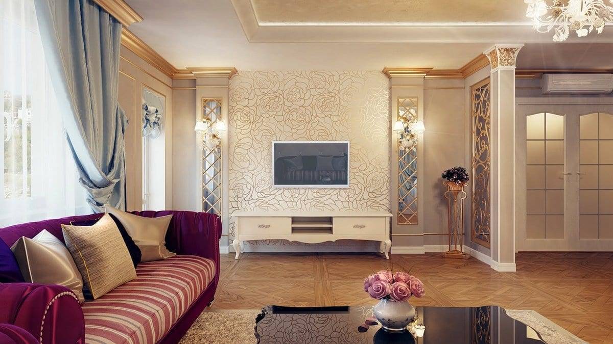 Фото интерьера гостиной с обоями: дизайн с вензелями, итальянские расширяющие пространство, жидкие светлые