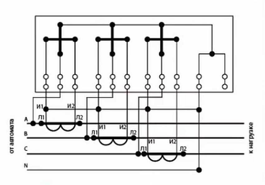Схема подключения токовых трансформаторов к трехфазному счетчику
