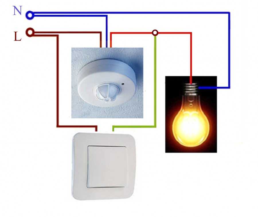 Как подсоединить датчик движения к лампочке через выключатель схема подключения