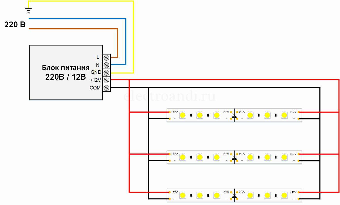 Схемы подключения светодиодной ленты на 220в