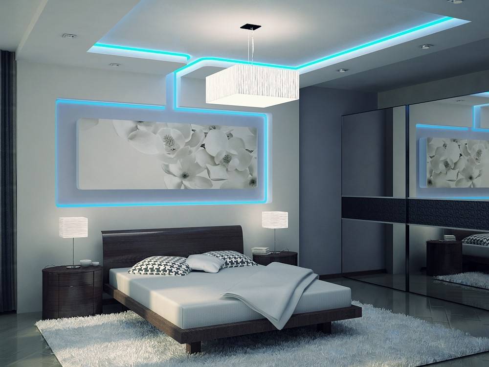 Потолок из гипсокартона в спальне с подсветкой
