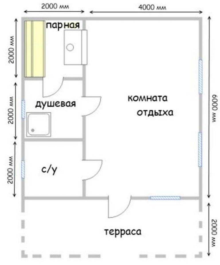 Проекты бани с террасой с комнатой отдыха из блоков