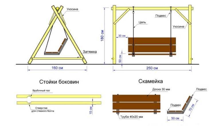 Качели садовые из бруса 100 на 100 чертеж