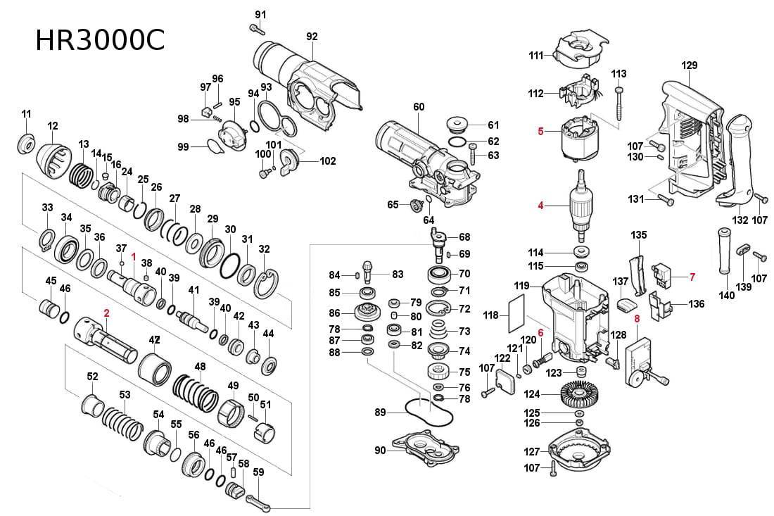 Схема сборки перфоратора makita 2450